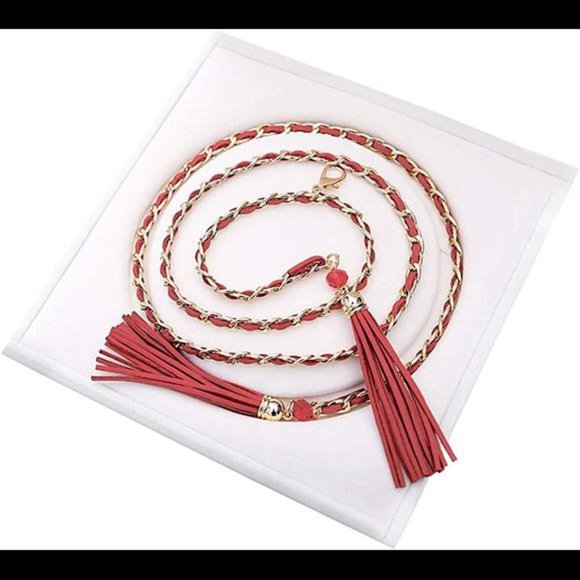 Women Tassel PU Leather Metal Thin Braided Belt Boho Beads Vintage Waist Chain